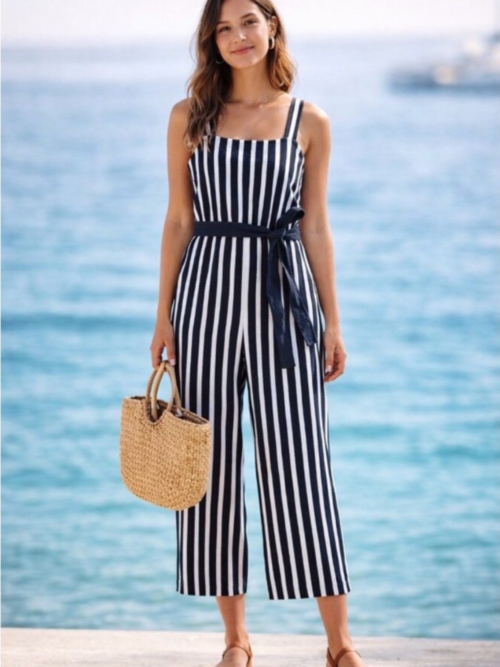 J. Crew Knit Tie Waist Navy White Cropped Jumpsuit Size 4 Women’s.